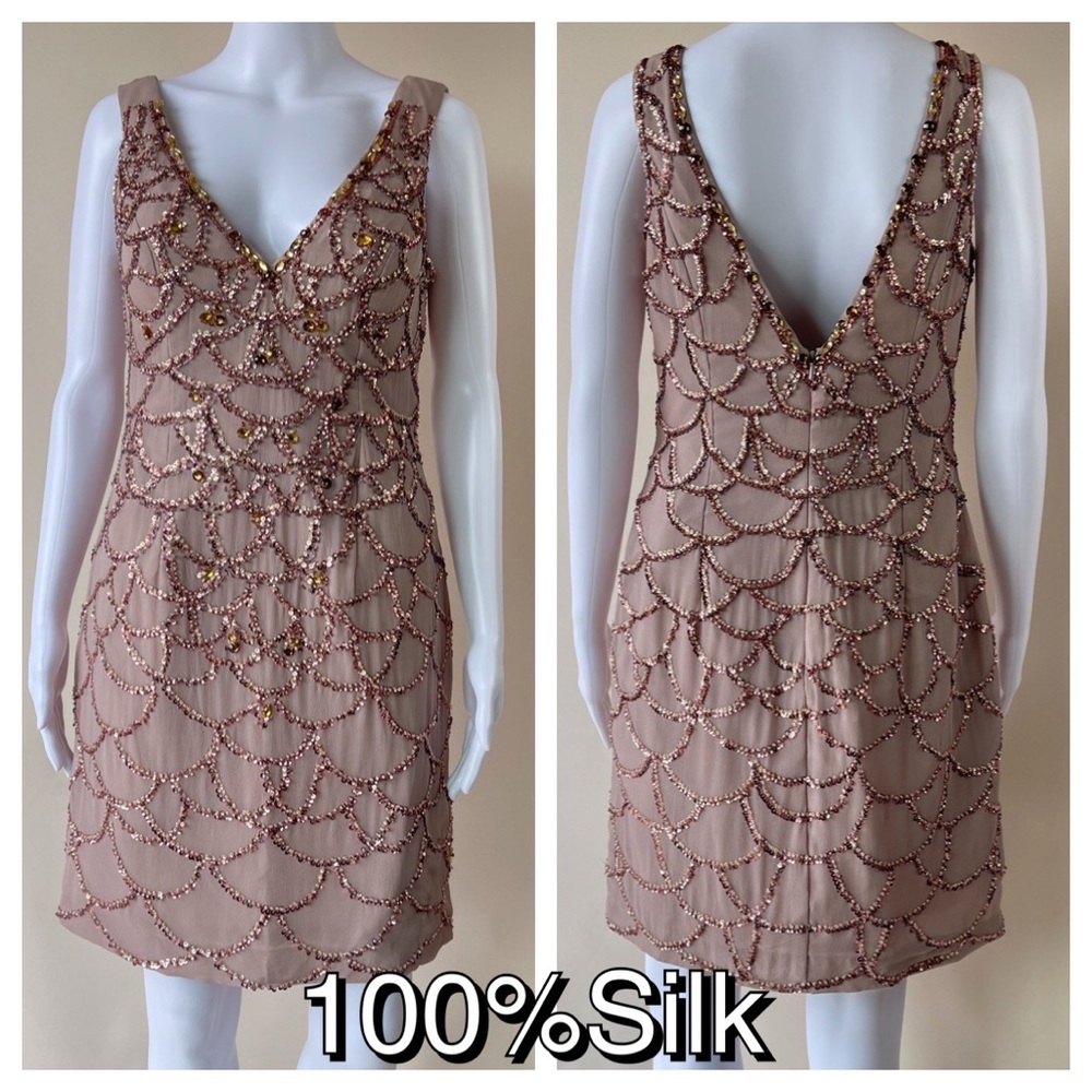 Basix Black Label Silk Cocktail Beaded Flapper Gatsby Champagne Dress 8